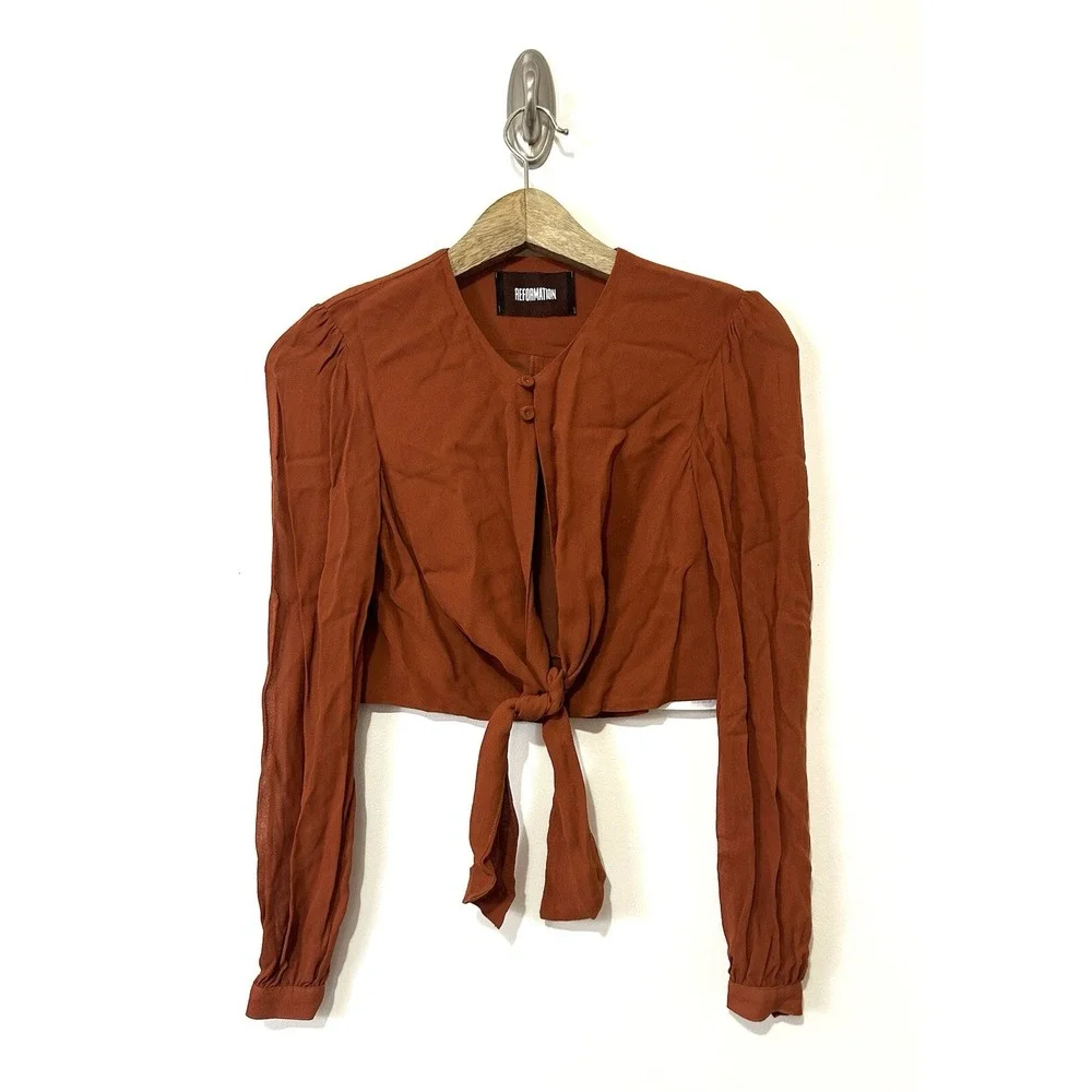 Reformation‎ Tie Front Crop Top 2 Rust Orange Boho Chic 70s Style Blouse Jeanna